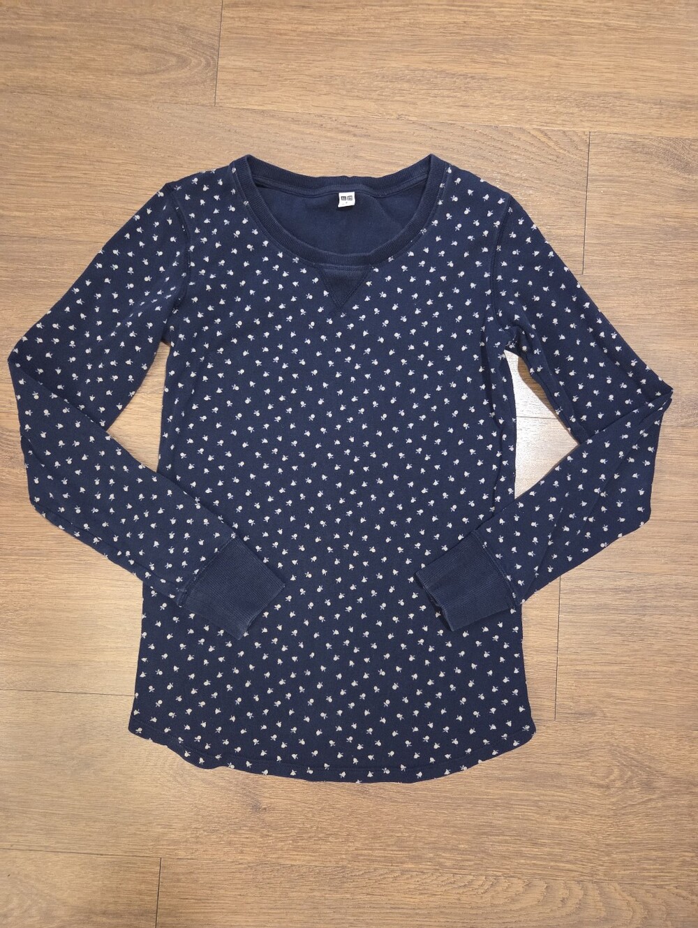 Uniqlo Navy Thermal Crew with Small White Floral Dots